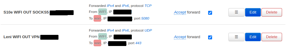 Traffic forwarding from WiFi end devices to SOCKS5 and VPN